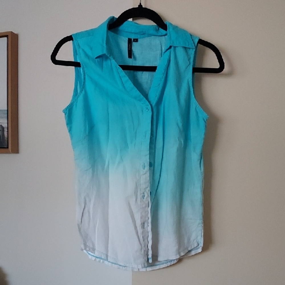 Linen Blend Sleeveless Ombre Collared Button-Front Blouse - Turquoise/White